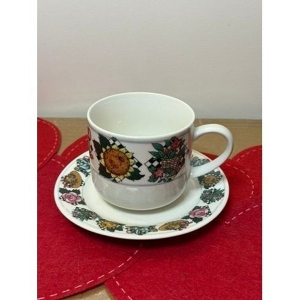 Vtg Rare Discont Set of 2 Teacup & Saucer Flowers Garden Tools Farmhouse